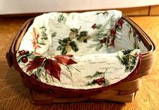 Longaberger Dark Brown Small Berry Basket  w/Poinsettia Liner. HOLIDAY