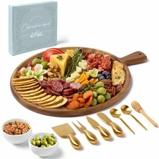 Round Cheese-Charcuterie Board Serving Tray with Accessories,House Warming Gifts