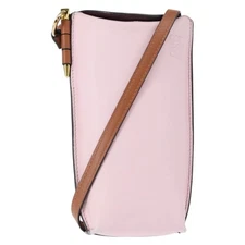 LOEWE Anagram Phone Shoulder Pouch Leather Gold Pink Orange Auth 146048