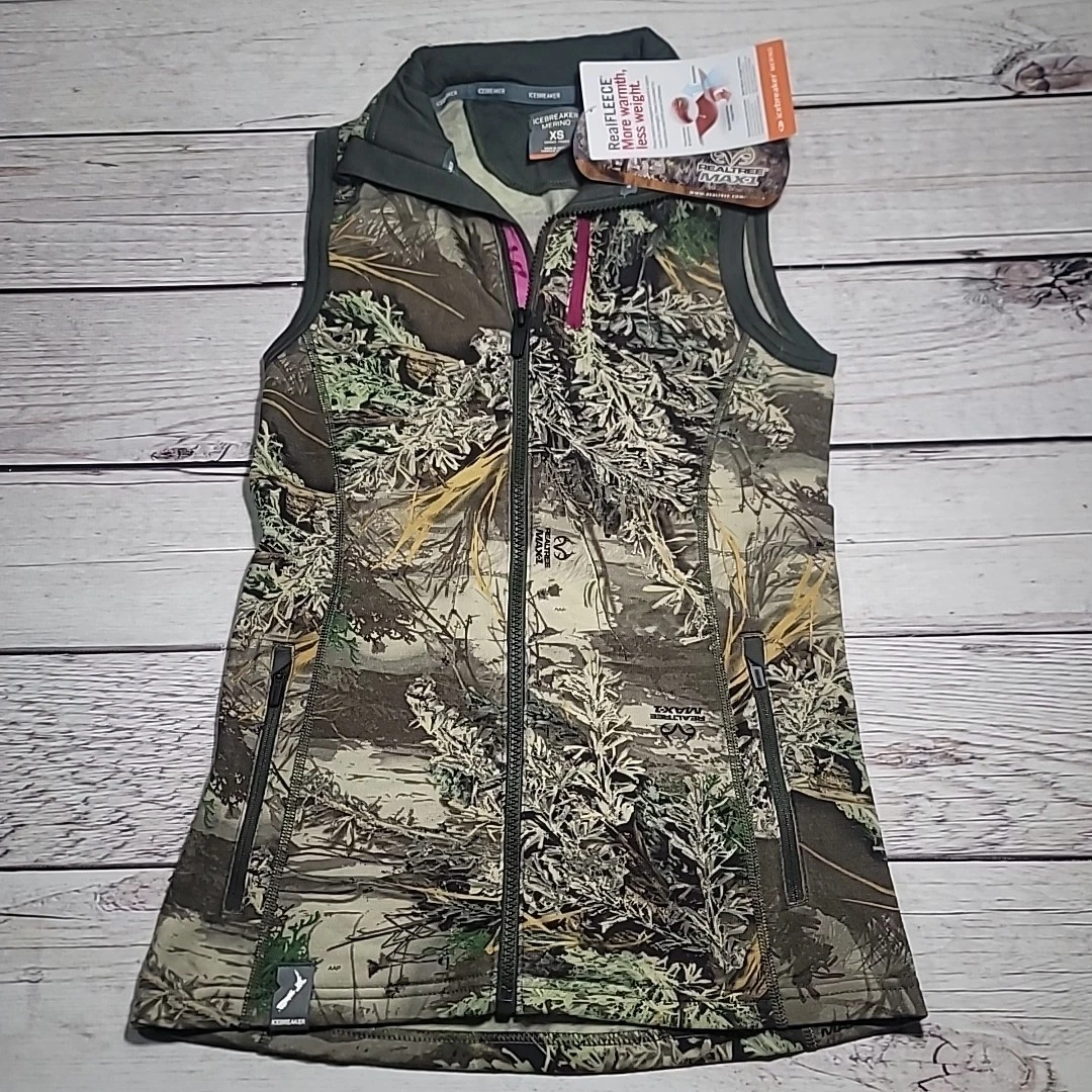 Icebreaker Realtree Vest Womens XS Camo Merino Wool Zip Pocket Outdoor Hunting