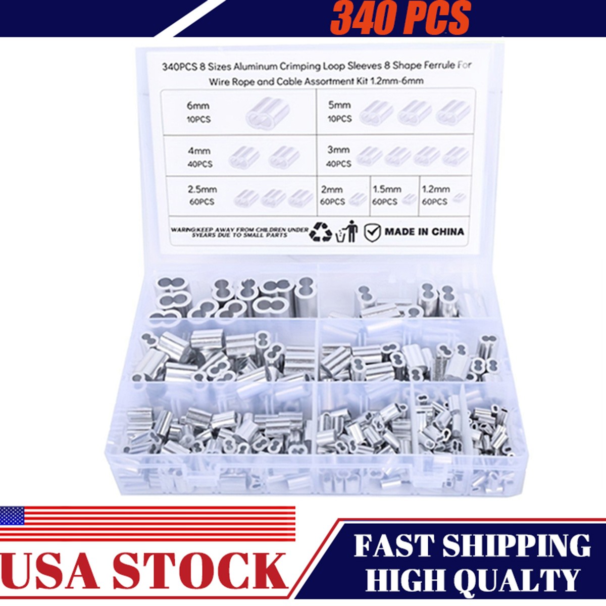 340Pcs 1/4'' Rope Cable Thimbles Aluminum Crimping Loop Sleeve Ferrule Wire NEW