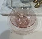 3 PC Pink Depression Glass Etched Flowered Set Plate Bowl & Spoon  PRISTINE COND