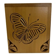 Vtg Hand-Carved Wooden Tissue Box Cover – Butterfly & Floral Design