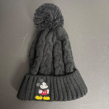 Disney Mickey Mouse Beanie Unisex One Size Black Cable Knit Pom Pom Hat