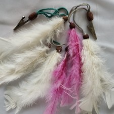 Vintage 1980s Feather Hair Hat Clips Lot 2 Pink White Wood Beads Hippie Boho