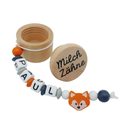 FRAU ELSE Milchzahndose mit Namen Geschenk Geburtstag Einschulung Junge Mädchen Holz Fuchs