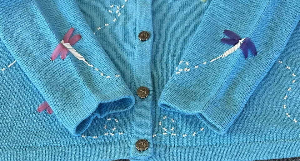 The Quacker Factory Womens VTG Cardigan Sweater Blue Embroidered Dragon Fly  - Image 3 of 4