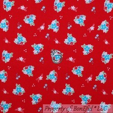 BonEful Fabric FQ Flannel Cotton Quilt Red FLOWER Small White Blue Country Girl