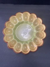 Vtg. F M 181 Deviled Egg Tray Green Green Yellow Brown Spotted Retro Glazed