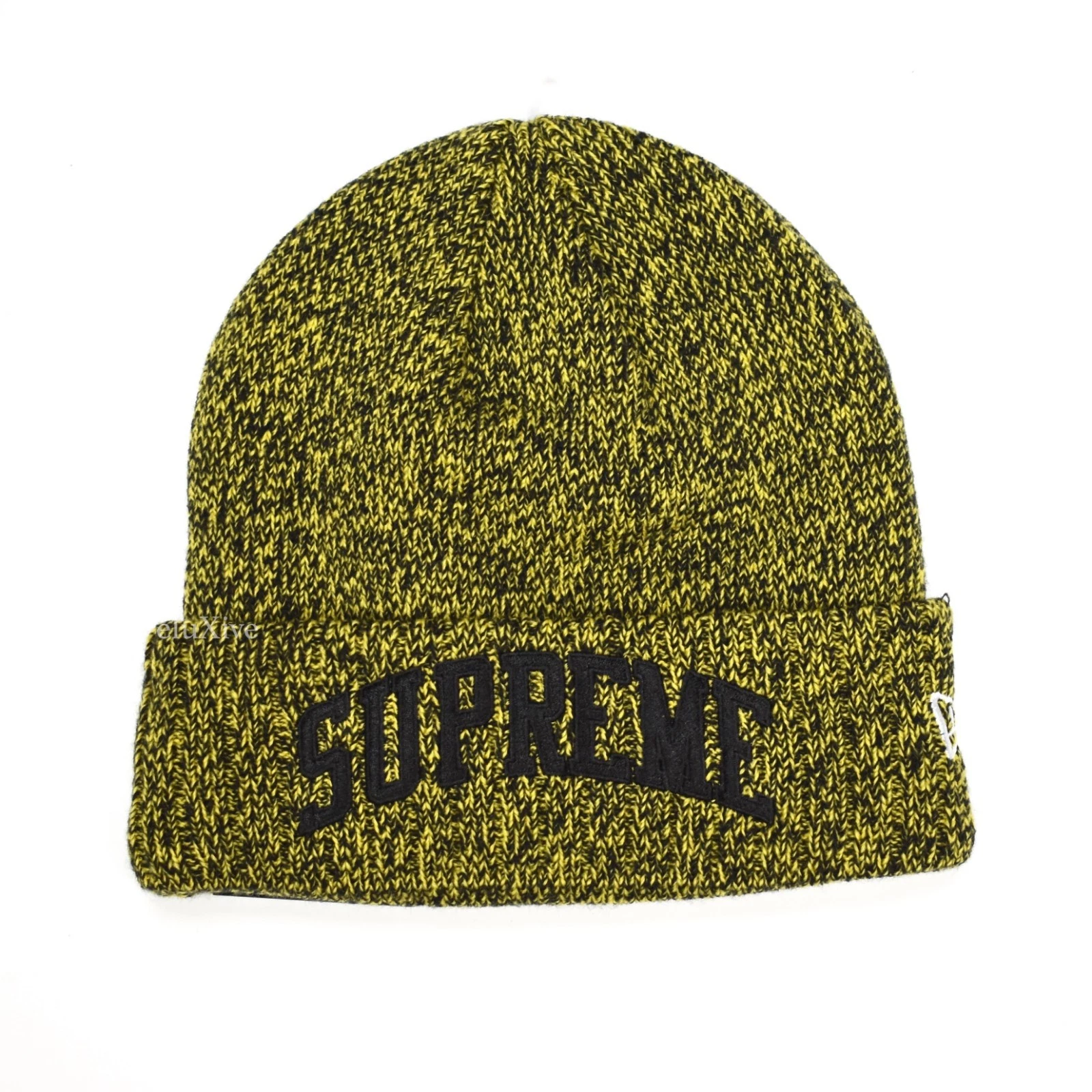 Neuf avec étiquettes chapeau tricoté Supreme New Era noir jaune mouchet arc logo beanie FW18 AUTHENTIQUE