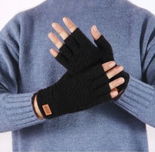 Black Wool Fingerless Gloves   Knitted Winter Hand Warmers   One Size   USA