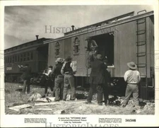 1950 Press Photo Armed men & train in "Wyoming Mail" - pix14808