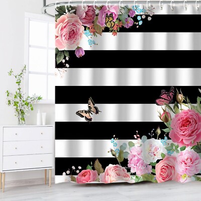 Pink Shower Curtains for Bathroom Floral Shower 72Wx72H Black Striped Peony