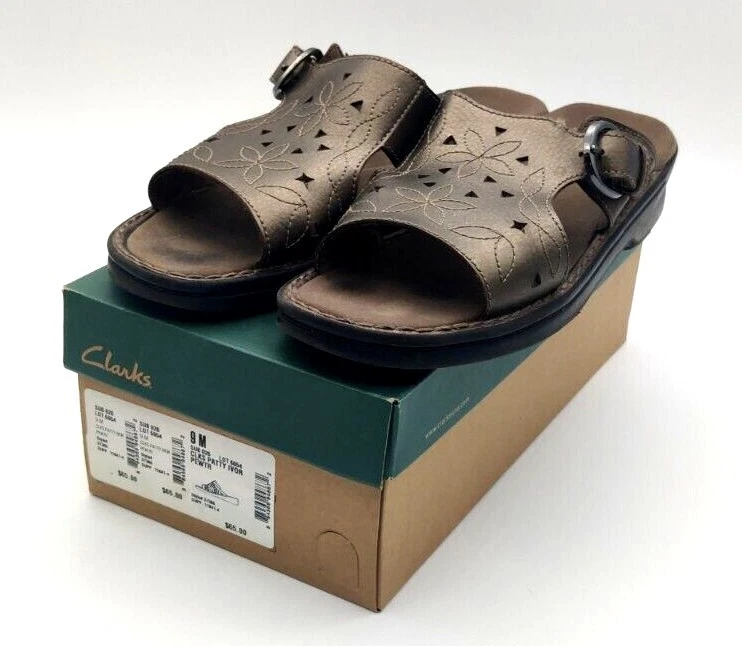 Sandali Clarks donna Patty Anne slides grigio peltro taglio pelle slip on 9 M