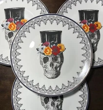 HARVEST GREEN STUDIO HALLOWEEN DINNER PLATES SKULL Day Of The Dead SET of 4
