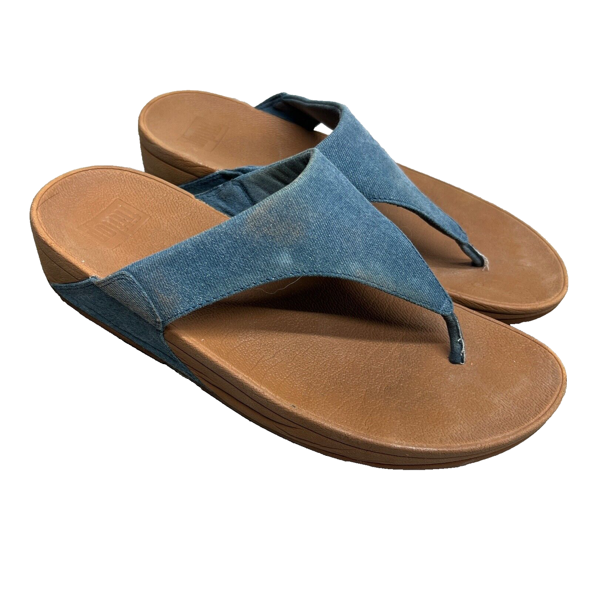 FitFlop Blue Sparkle Denim Brown Thong Sandals Womens US 10 EUR 42 Beach  K63-533