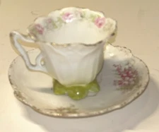 Antique Footed Floral Demitasse Cup And Saucer Scalloped Edge Set