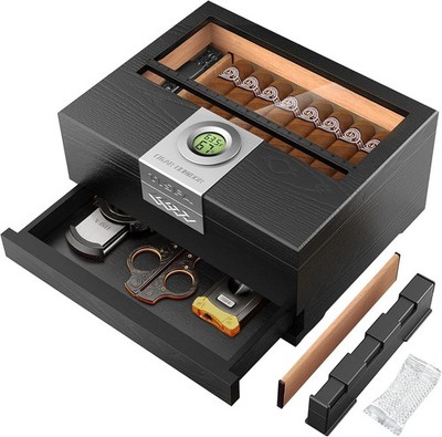 Cigar Humidor, Cedar Wood Desktop Humidor Box with Digital Hygrometer, Adjustabl
