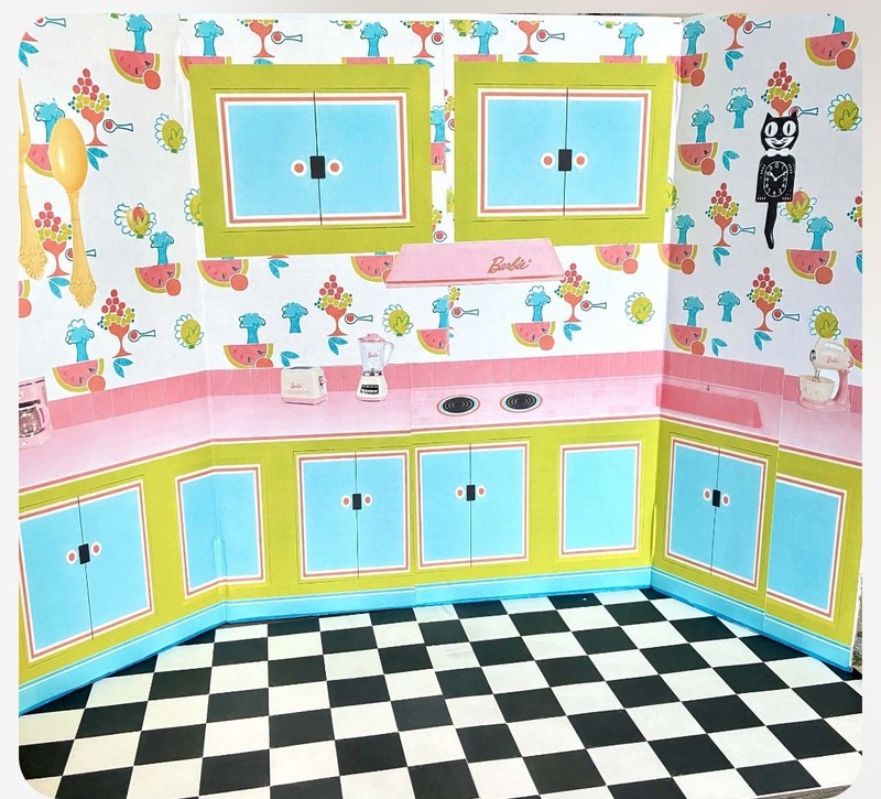 Vintage Barbie Replica Retro Kitchen Trifold Backdrop With Floor Barbie scale