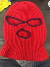 VINTAGE Full-Face Knit Ski Mask Balaclava Red W/Navy blue Eye Mouth Outlines 3