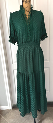 Max Studio Maxi Dress Green Jacquard Dot Lace Trim Cottage Smocked Lined XL