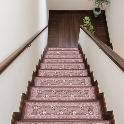 15pcs of Floral Patterned Printed Stair Mats, Non-Slip Stair Carpets, Protecti