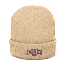 America Embroidered Beanie | Ribbed Knit Bean...
