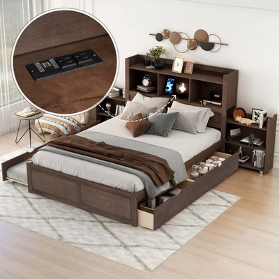 Full Size Storage Platform Bed with Pull Out Shelves, Twin Size Trundle and 2