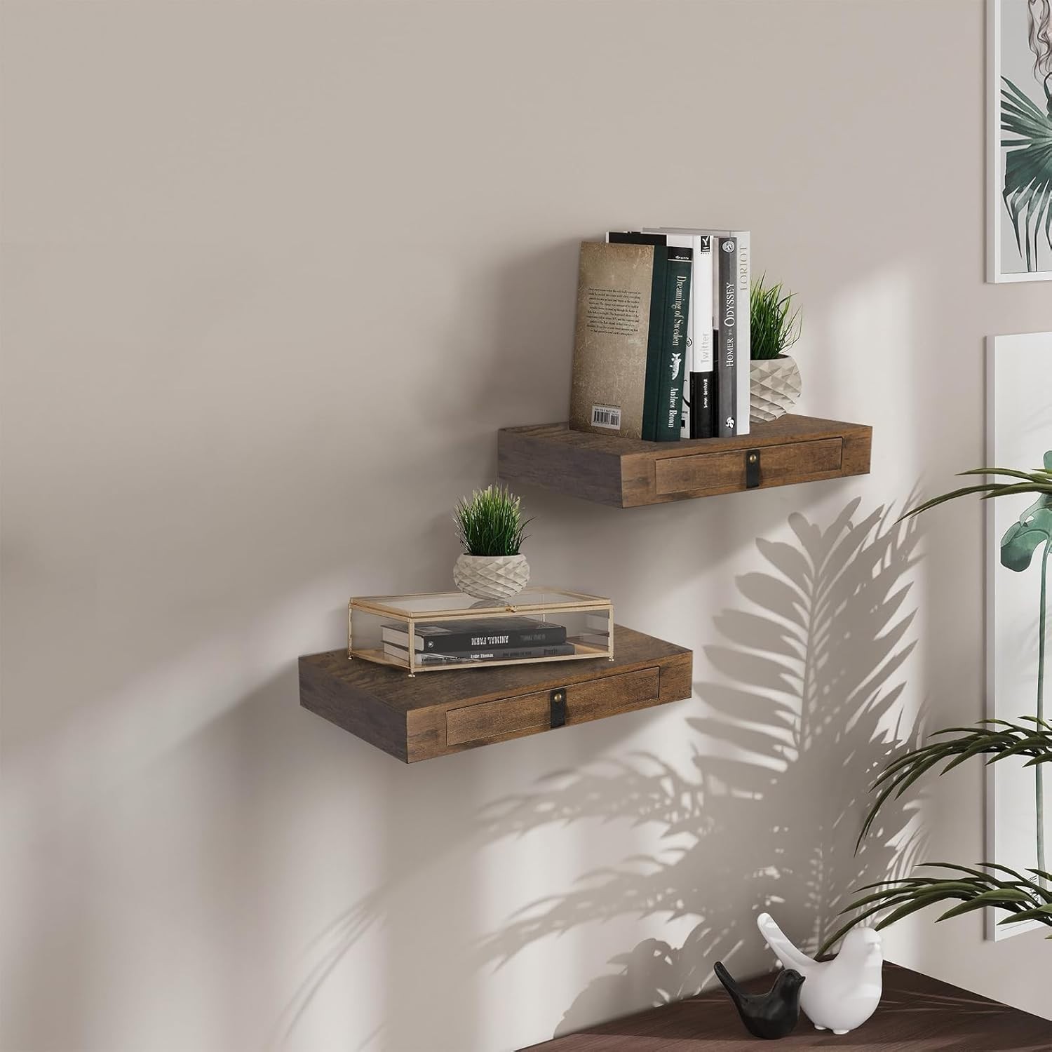 Set of 2 Floating Shelf with Drawer Sturdy Wooden Desk wall mounted Rustic Brown