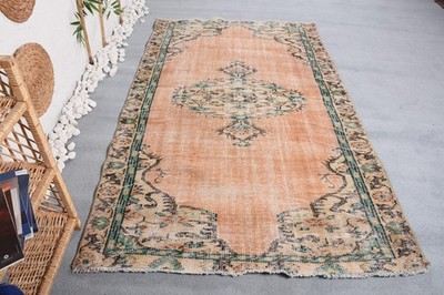 Turkish 4,7x7,8 ft Rug, Area Vintage Rug, Beige Green Plants & trees Wool Rug