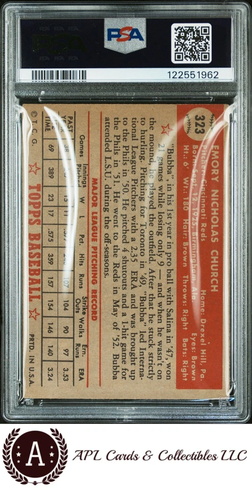 1952 Topps #323 Bubba Church PSA 4 Centered - Image 2 of 2
