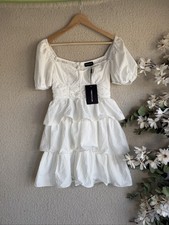 PrettyLittleThing White Tiered Textured Puff Sleeve Dress UK 10 Summer Occasion
