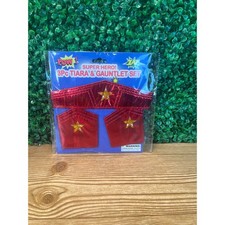 Super Hero Tiara Gauntlet Set Red Shimmering W/Gold Stars Costume Accessory