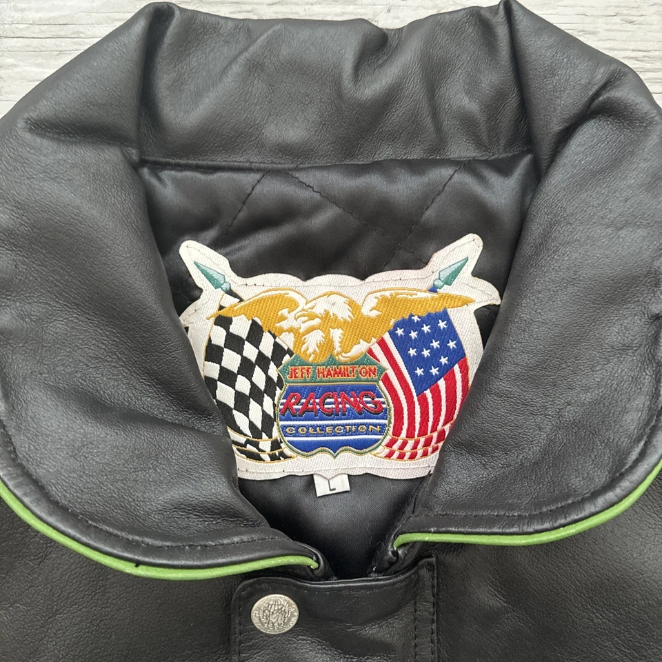 Chaqueta de cuero parche NFL vintage NASCAR Jeff Hamilton Bobby Labonte #18 talla L Foto 3 de 4