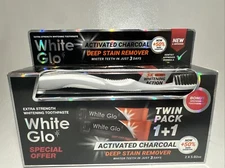 WHITE GLO ACTIVATED CHARCOAL TWIN PACK 5.02OZ TOOTHPASTE  & 1 TOOTHBRUSH *NEW*