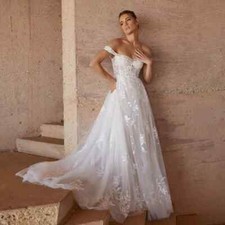 White Off Shoulder Sweethert Lace Applique Princess Wedding Dresses Sweep Trian