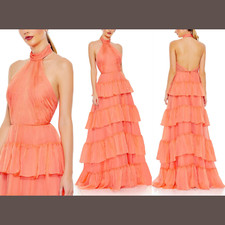 New $398 IEENA Mac Duggal [ 6 ] Ruffle Tiered Pleated Halter Neck Line Gown Q556