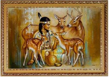 Ölbild Hirsche und Rehe, Rehkitz, handgemaltes Ölbild Gemälde F:60x90cm