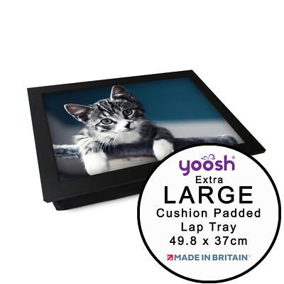 EXTRA GROSSES Luxus gerahmtes Lap Top Tablett personalisiert Geschenk - grau Kätzchen spielend