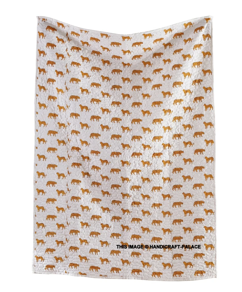 Leopard Kantha Quilt Throw Handmade Cotton Indian Bed Sofa Blanket Peach 70" - Image 2 of 4