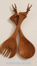 African Carved Wood Salad Serving Spoon Set 10" Tribal 'Konigs Kenya MidCentury 