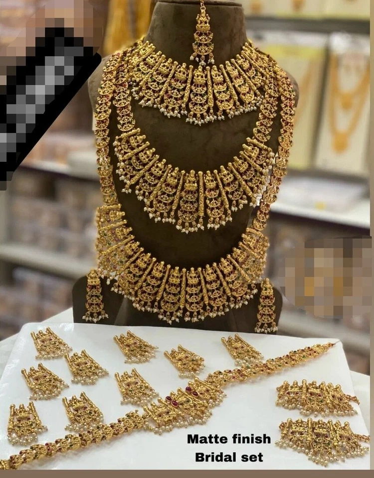 Indian Pearl Gold Necklace Bridal Bollywood Wedding 8Pc Jewelry Earring Tika Set - Image 2 of 4