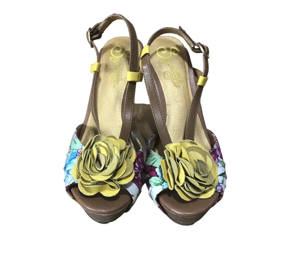 Sandalia Anthropologie Seychelles Joan Amarilla Floral Apilada Cuña Tirantes Talla 6 Foto 2 de 4