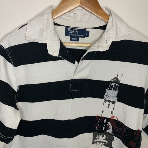 Ralph Lauren Polo shirt mens medium white black stripe lighthouse - Picture 2 of 6