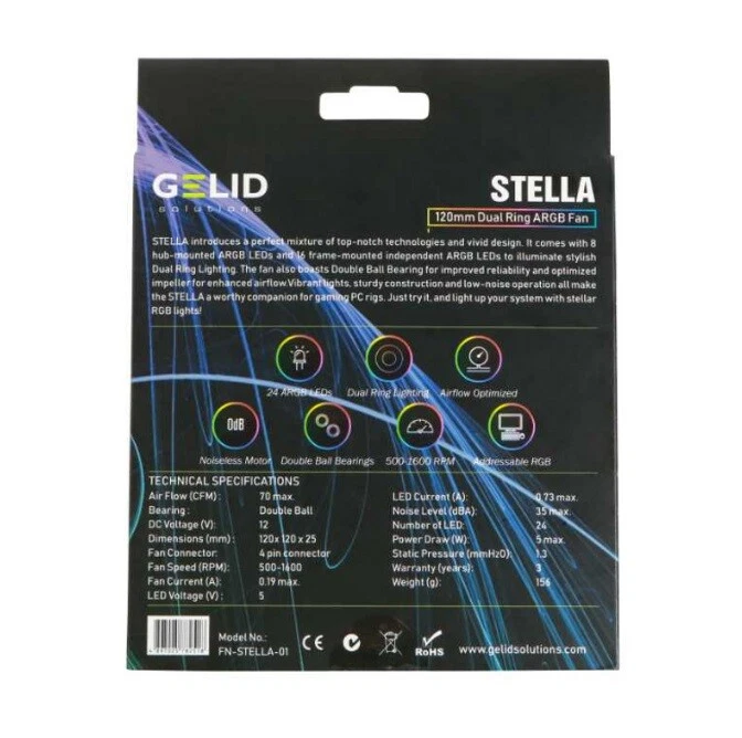 Gelid Solutions Stella 120mm Dual Ring 24 ARGB LEDs 3pin 5v 70 CFM PC Case Fan  - Image 4 of 4
