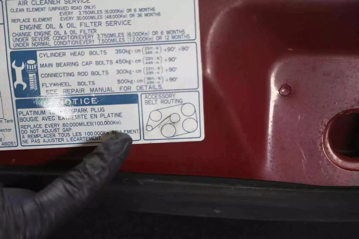 A mechanic wearing black nitrile gloves points out the accessory belt routing pattern on a factory-applied underhood decal.
