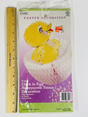 Vintage   Easter   Honeycomb Pink Honeycomb Tissue Duck Duckling in Egg 10'' T
