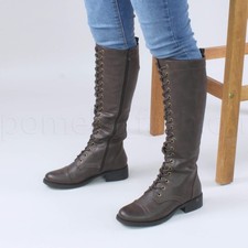 WOMENS LACE UP ZIP MILITARY BIKER GOTH PUNK COMBAT LONG KNEE HIGH BOOTS SIZE