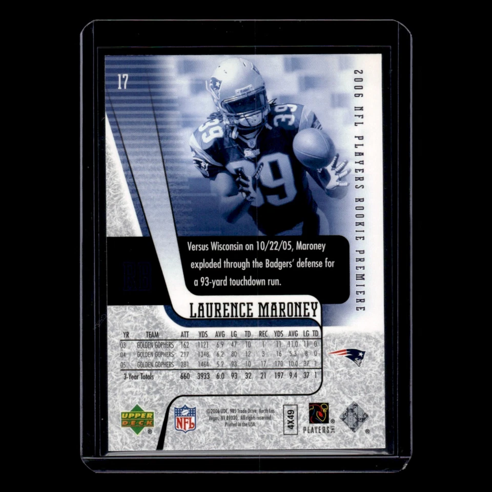 Laurence Maroney #17 2006 Upper Deck Rookie Premiere New England Patriots Card - Image 2 of 3