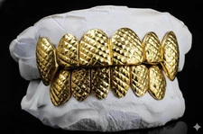 Custom Fit 14K Gold Plated Mouth Teeth Grillz Set Diamond Cut Fangs + Mold Kit